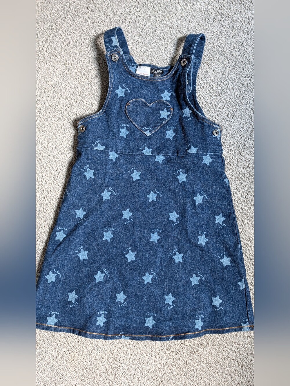 GUESS Girls' Star Print Denim Pinafore Dress - Dark Blue